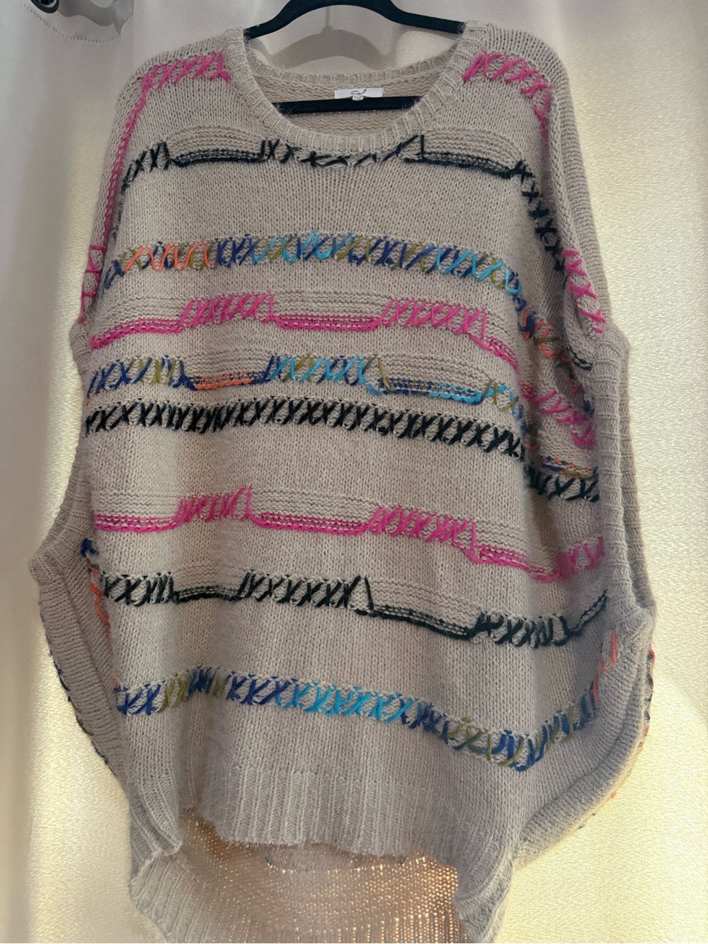 easel Beige Knit Poncho with Multicolor Stitch Accents